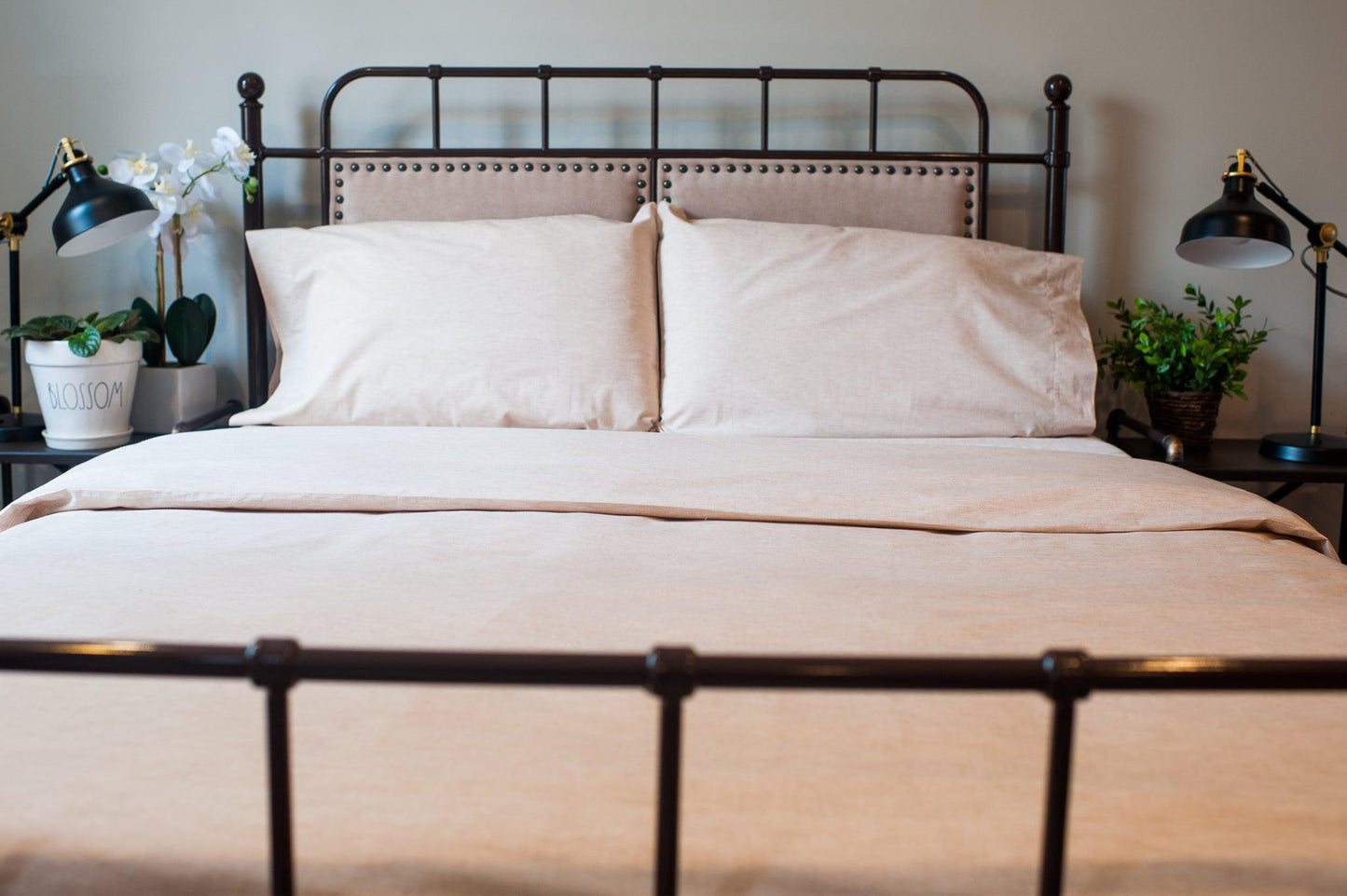 American Blossom Linens Natural Colored Cotton Bed Sheet Set on Bed