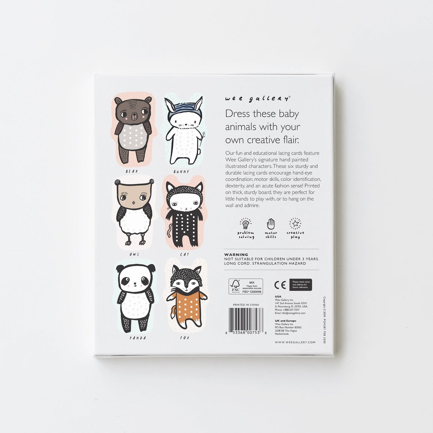 Back of a packaging box for lacing cards with illustrations of baby animals and text on a white background