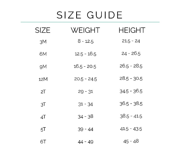 Size guide chart for children's sleepwear with size, weight, and height ranges.