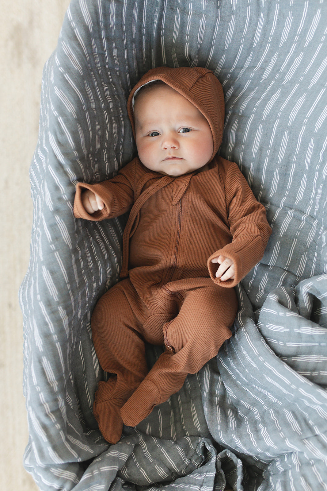 Rust Organic Cotton Ribbed Zipper Footie