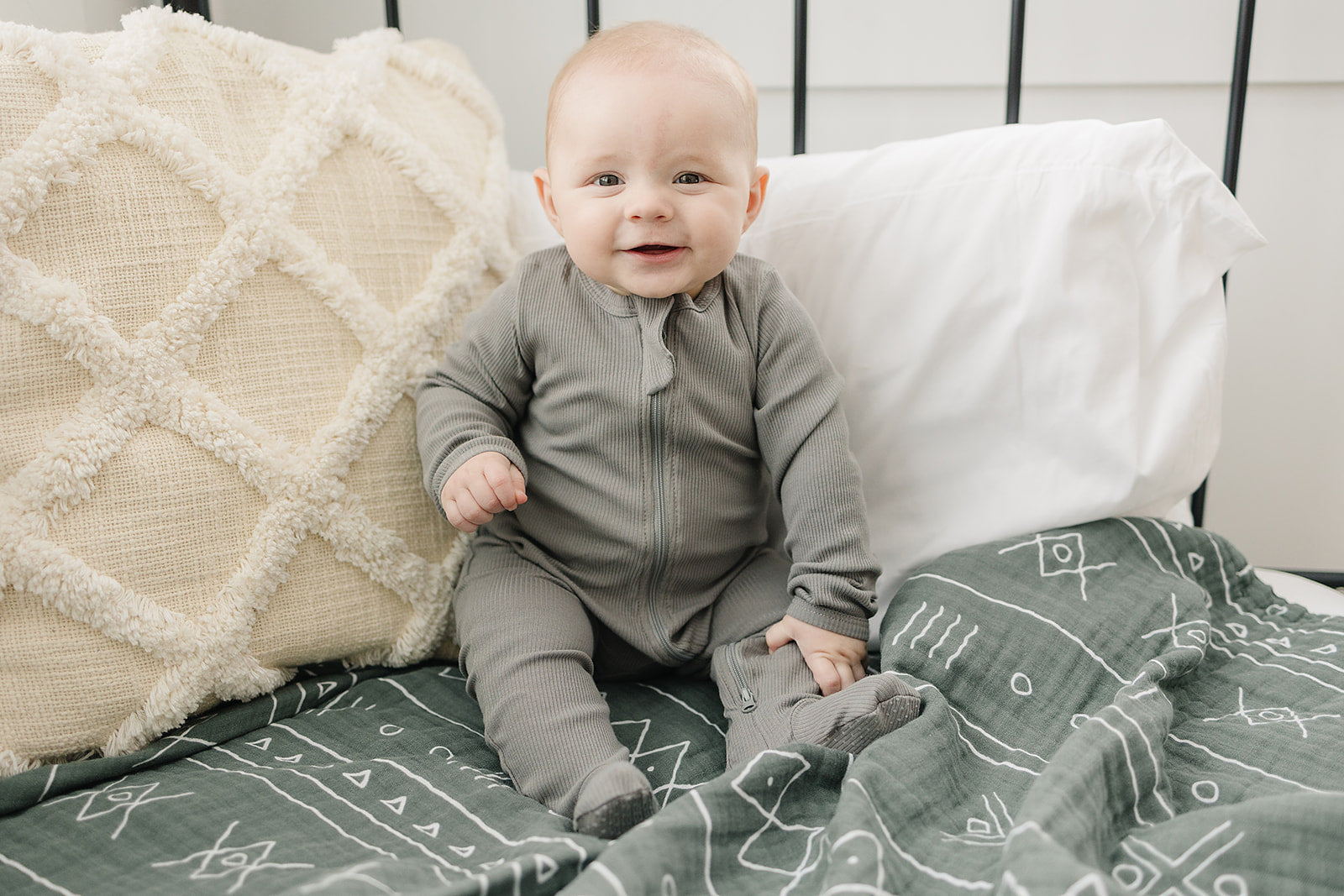 Grey Organic Cotton Ribbed Zipper Footie