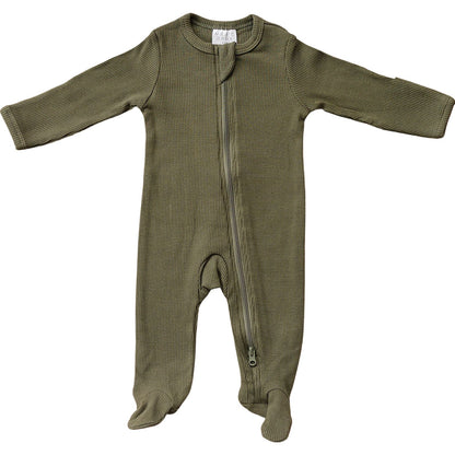 Winter Green Organic Cotton Ribbed Zipper Footie