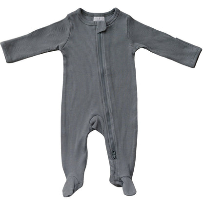 Grey Organic Cotton Ribbed Zipper Footie