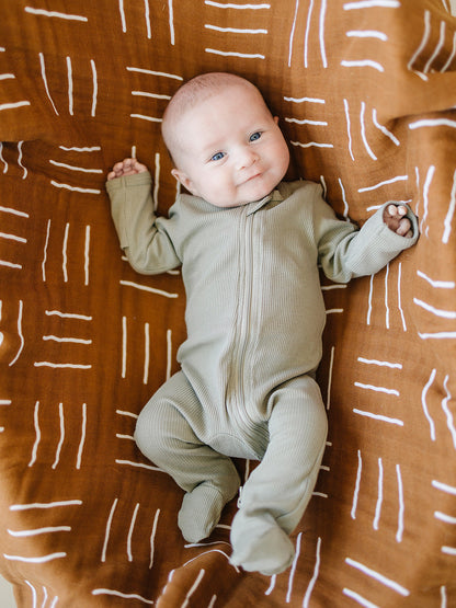 Green Organic Cotton Ribbed Zipper Footie