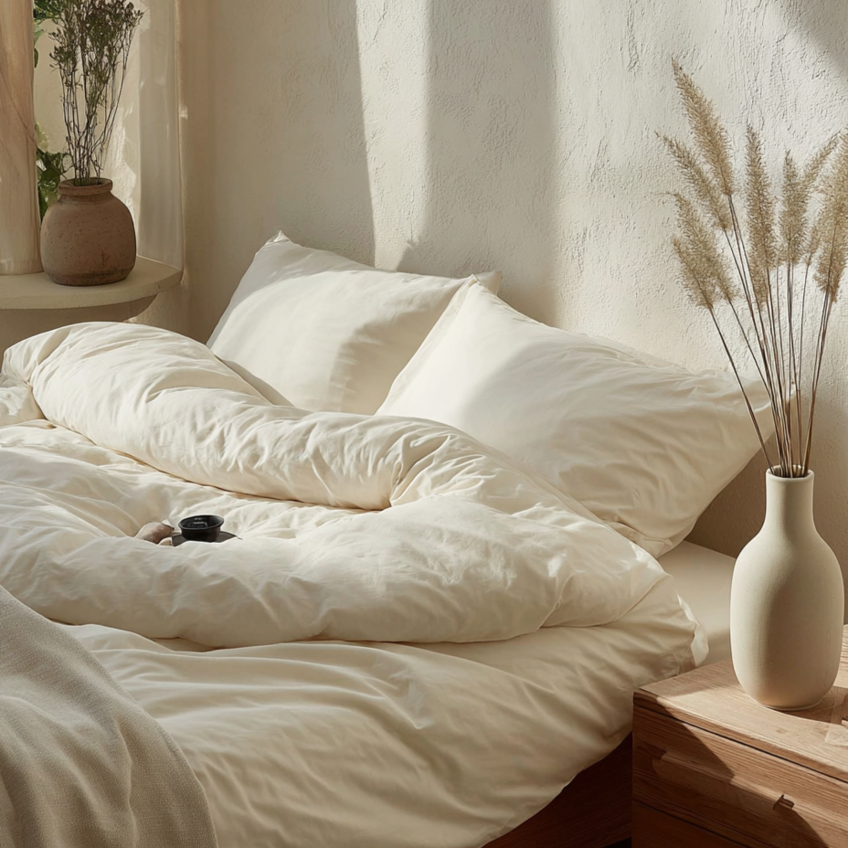 Blaynk organic cotton sateen duvet cover on bed lifestyle