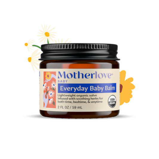 Jar of Motherlove Everyday Baby Balm with decorative flowers on a white background