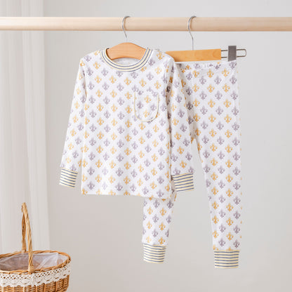 Black and Gold Fleur de Lis Organic Cotton Kids Pajamas (Stripe Trim)