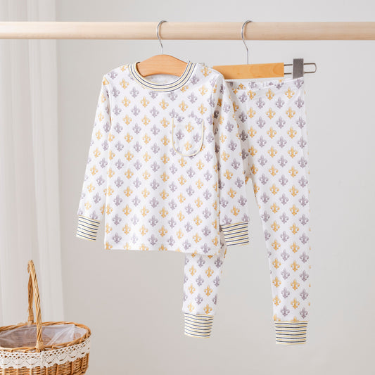 Black and Gold Fleur de Lis Organic Cotton Kids Pajamas (Stripe Trim)
