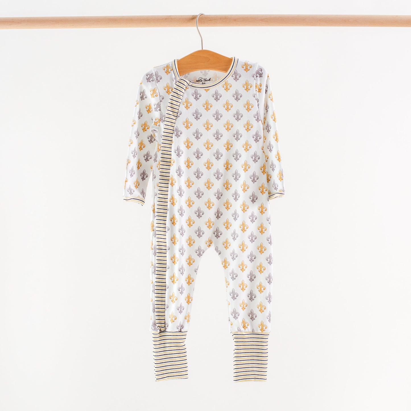 Black and Gold Fleur de Lis Organic Cotton Kids Pajamas (Stripe Trim)