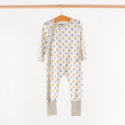 Black and Gold Fleur de Lis Organic Cotton Kids Pajamas (Stripe Trim)