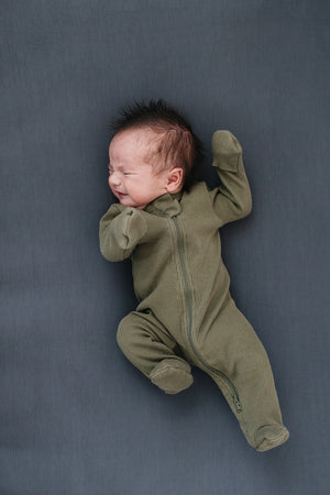 Winter Green Organic Cotton Ribbed Zipper Footie