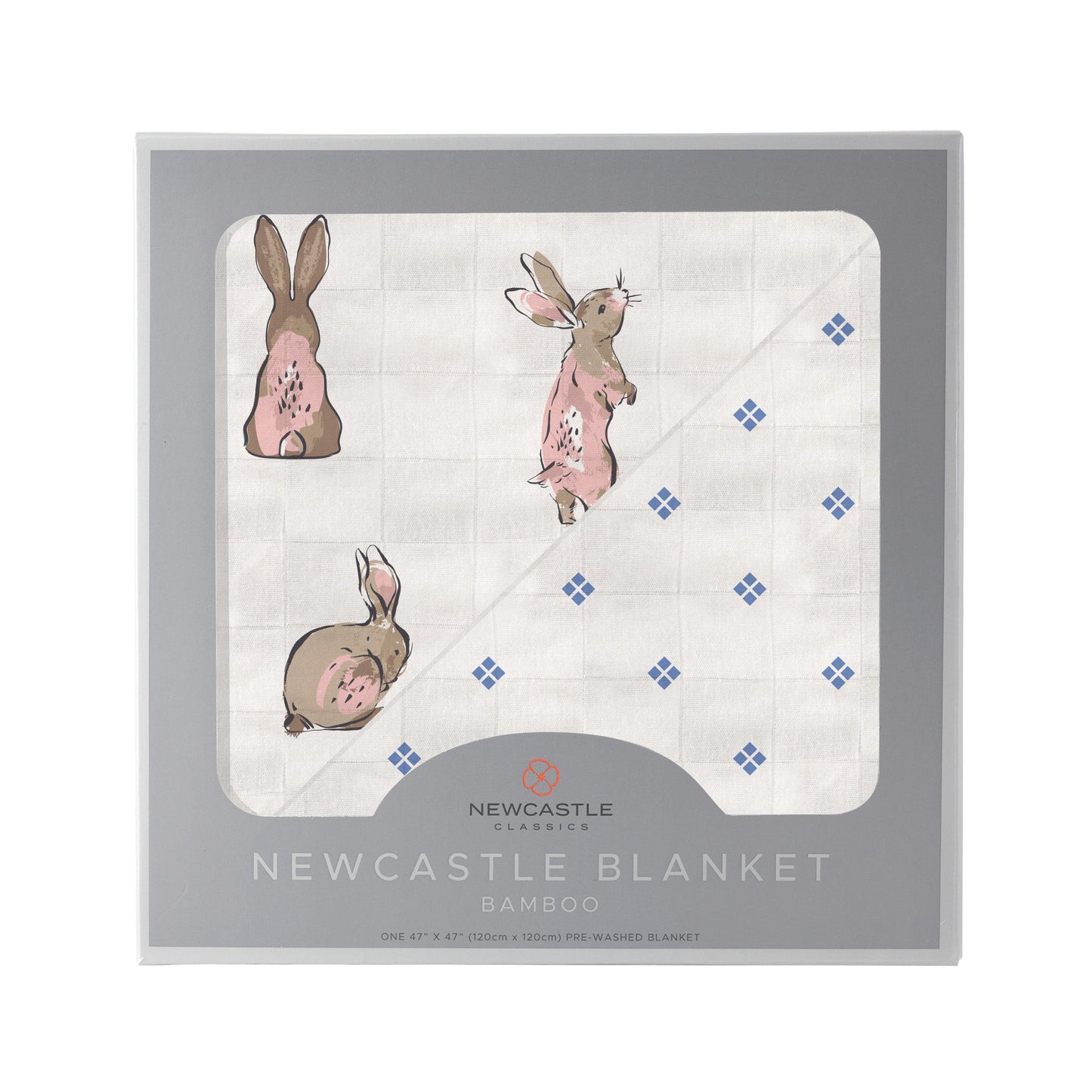 Powder Pink Bunnies and Periwinkle Diamond Polka Dot Bamboo Newcastle Blanket