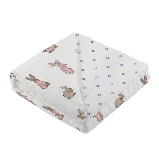 Powder Pink Bunnies and Periwinkle Diamond Polka Dot Bamboo Newcastle Blanket