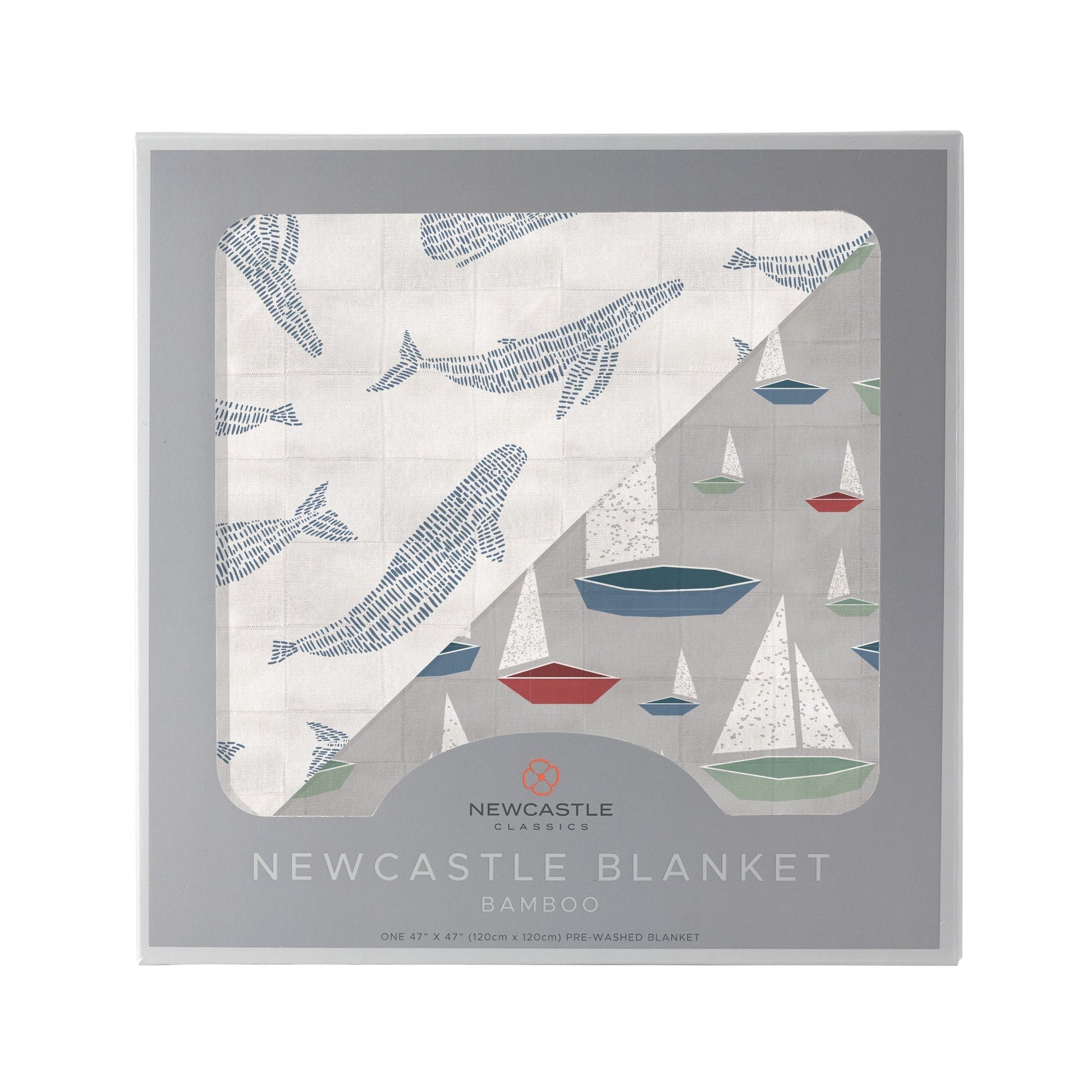 Boxed Blue Shadow Whales and Marina Sailboats Bamboo Newcastle Blanket