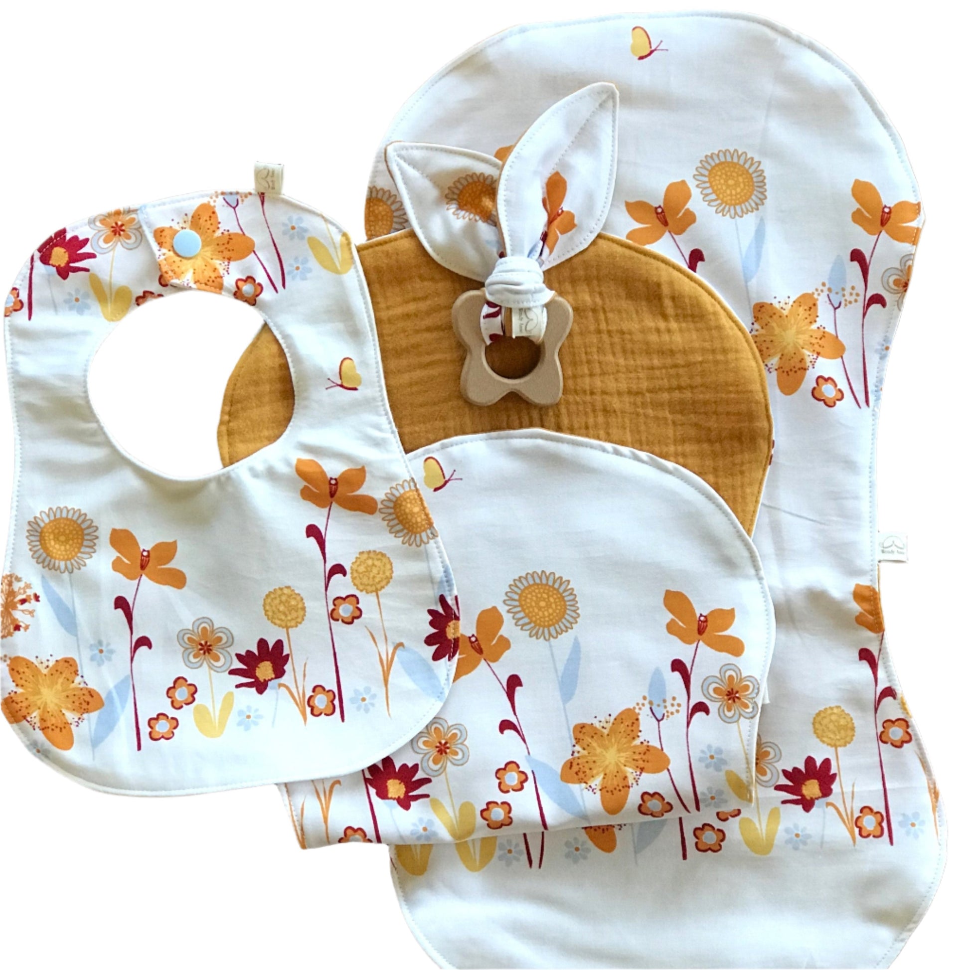 Wendy Anne,Baby Bib, 2 Burp Cloth and Teether Gift Set - 10 Flowers by Harmony Arts Organic Cotton