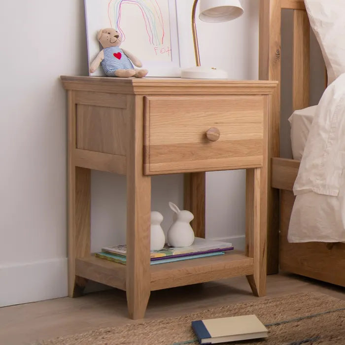 furniture Savona nightstand oak natural with lamp and bear stuffed toy