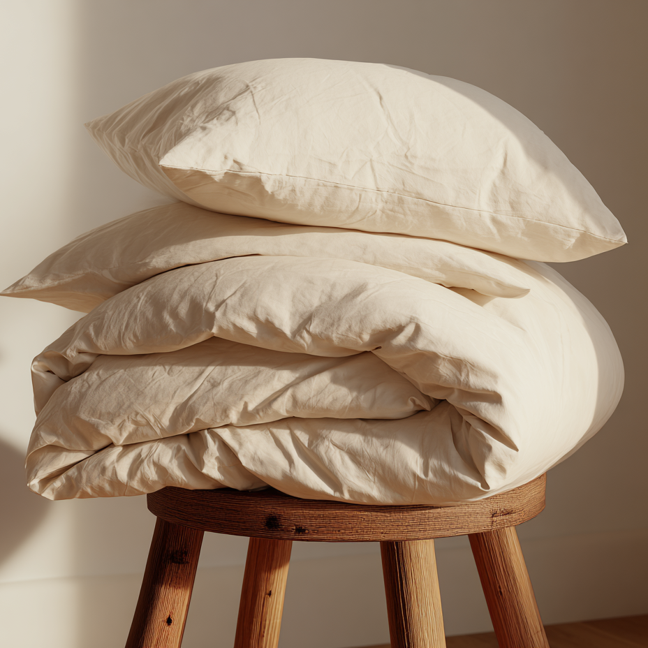 Organic cotton pillow and duvet on stool