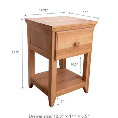 Wooden nightstand with dimensions labeled on a white background